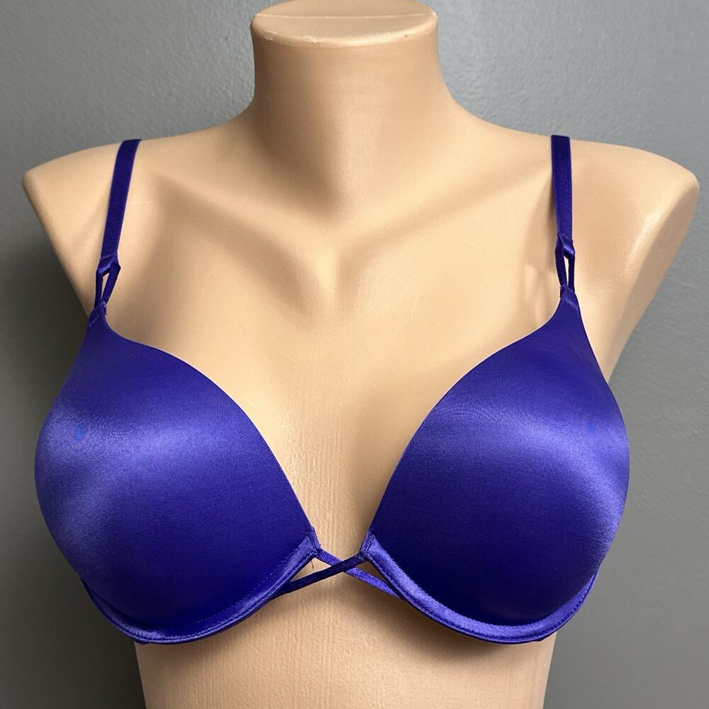Victoria's Secret Bombshell Bra Size 36B Purple Satin Padded Push Up Plunge